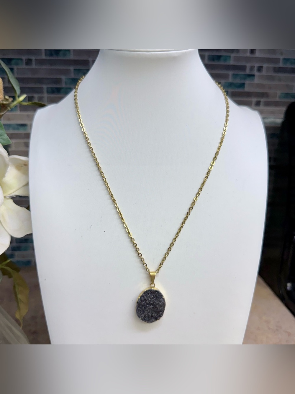 Black druzy stone pendant gold tone necklace